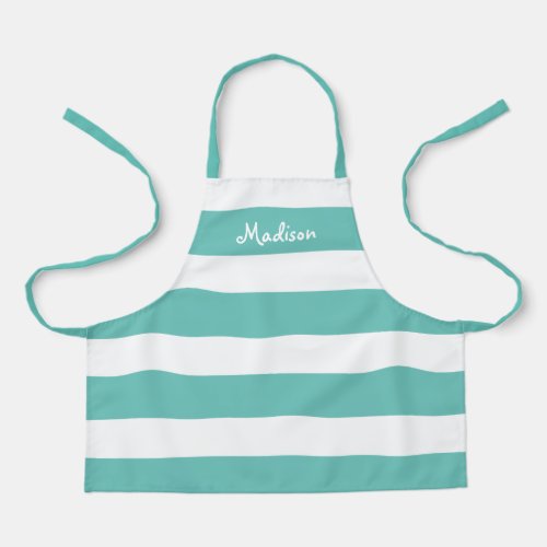 Kids Cute Teal and White Stripes Personalized Apron
