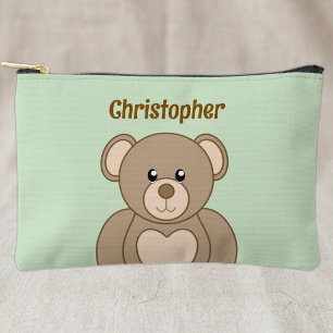 Kids cute teddy bear add a name brown green accessory pouch