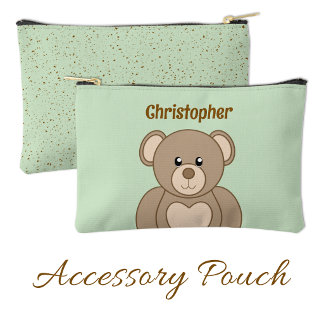 Kids cute teddy bear add a name brown green accessory pouch