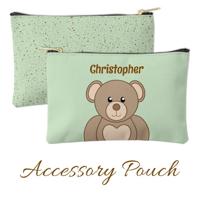 Kids cute teddy bear add a name brown green accessory pouch (Creator Uploaded)