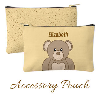 Kids cute teddy bear add a name brown peach accessory pouch