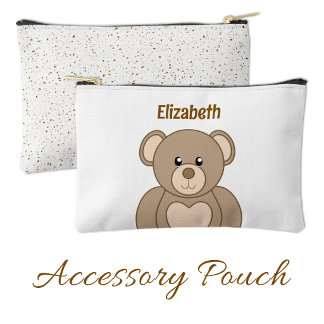 Kids cute teddy bear add a name brown white accessory pouch