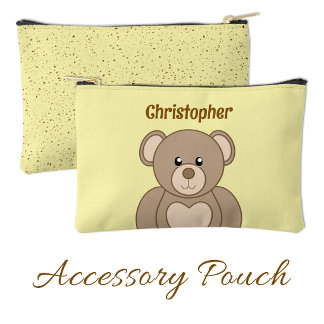 Kids cute teddy bear add a name brown yellow accessory pouch