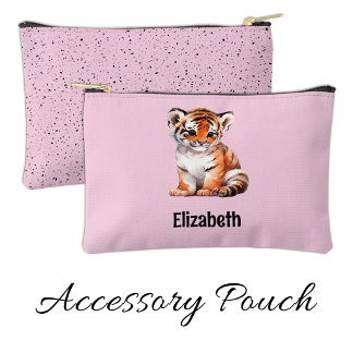 Kids cute tiger add a name pink black accessory pouch