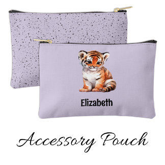 Kids cute tiger add a name purple black accessory pouch