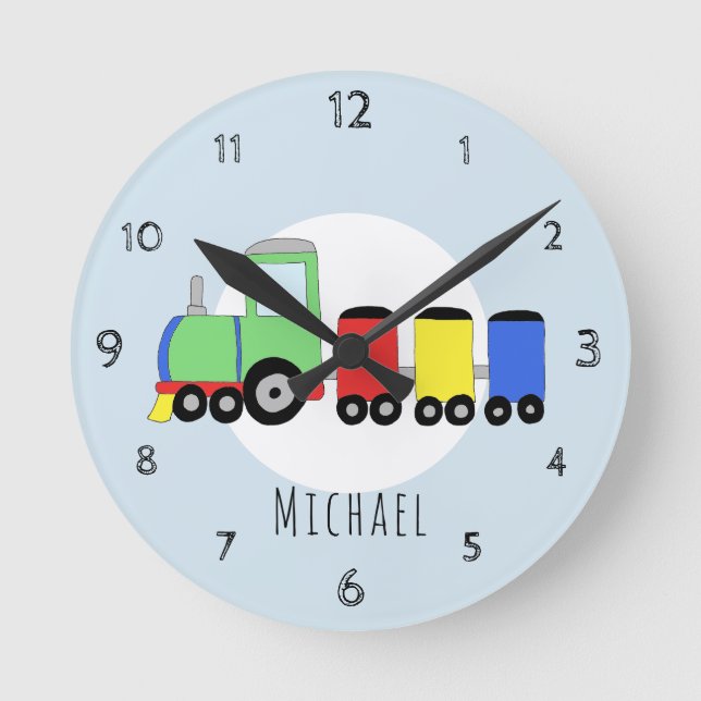 Kids Cute Train Cartoon Boys Nursery Name Round Clock (Front)