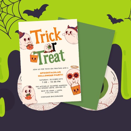 Kids Cute Trick Or Treat Halloween Party Invitation