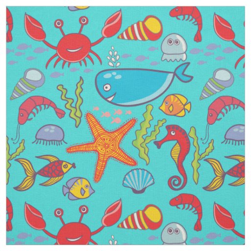 Kids Cute Under The Sea Fish Crab Ocean Pattern Fabric