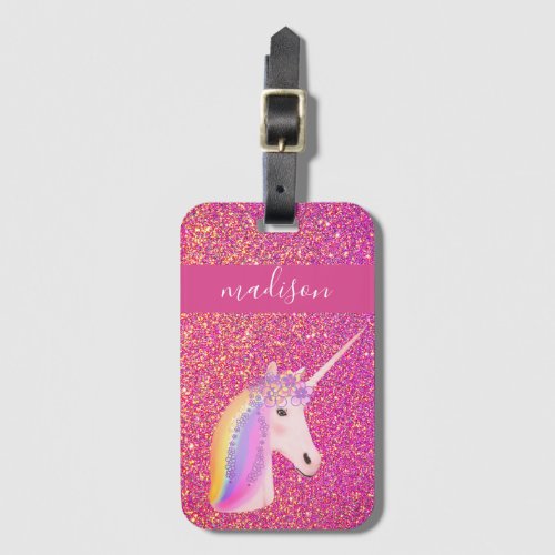 Kids Cute Unicorn Pink Gold Glitter Personalized Luggage Tag