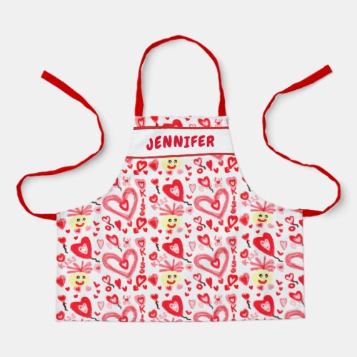 Kids Cute Valentines Red Pink Heart Doodles Name Apron