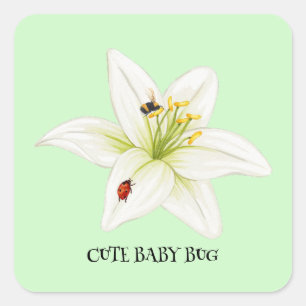 Kids Cute watercolor ladybug Bee on lily Flower Square Sticker