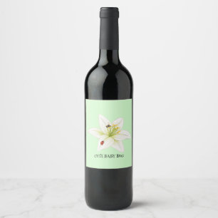 Kids Cute watercolor ladybug Bee on lily Flower Wine Label