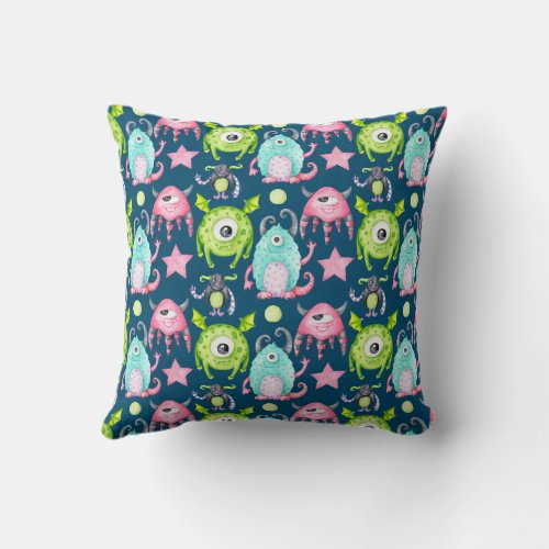 Kids Cute Watercolor Monsters Nursery  Throw Pillow