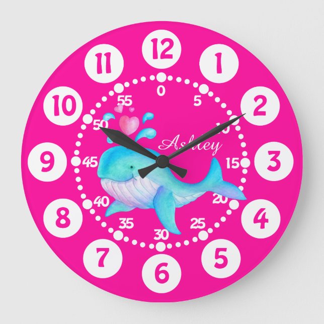 Kids cute whale spurting art pink aqua blue clock (Front)