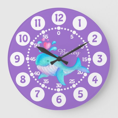 Kids cute whale spurting art purple aqua clock