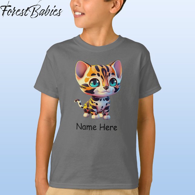 Kids Cute Wildlife Tiger Jungle Safari Kitten T-Shirt (Tiger, Gray Customizable ForestBabies T-shirt - Front)