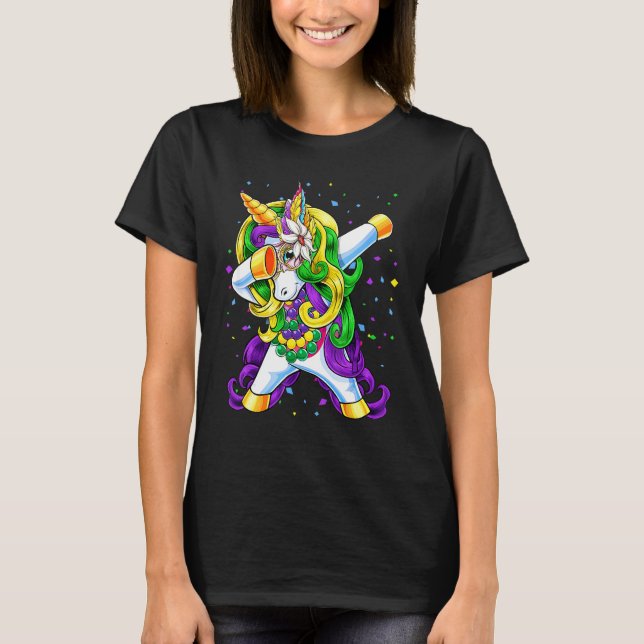 Kids Dabbing Unicorn Jester Hat Beads Mardi Gras Y T-Shirt (Front)