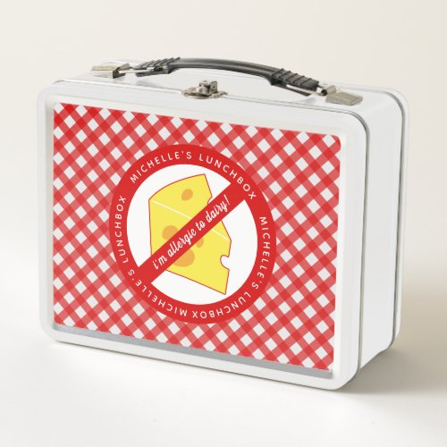 Kids Dairy Allergy Warning _ Red Plaid Pattern Metal Lunch Box