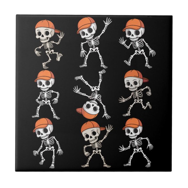 Kids Dancing Skeleton Halloween Ceramic Tile (Front)