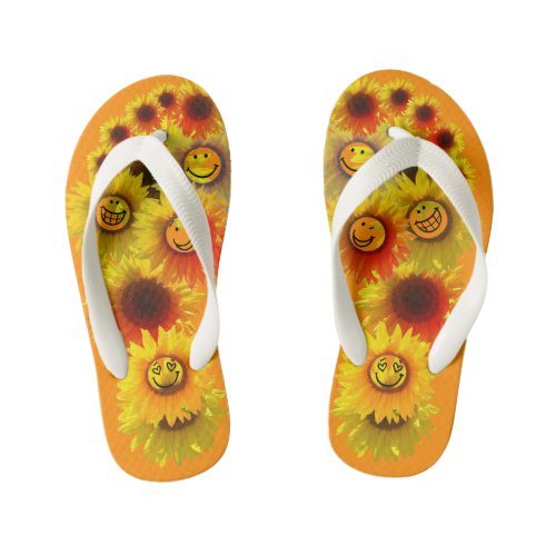 Kids Dark Orange Unisex Sunflower Flip Flops