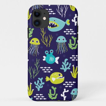 Kids Deep Sea Fish Marine Illustration Pattern Iphone 11 Case by designalicious at Zazzle