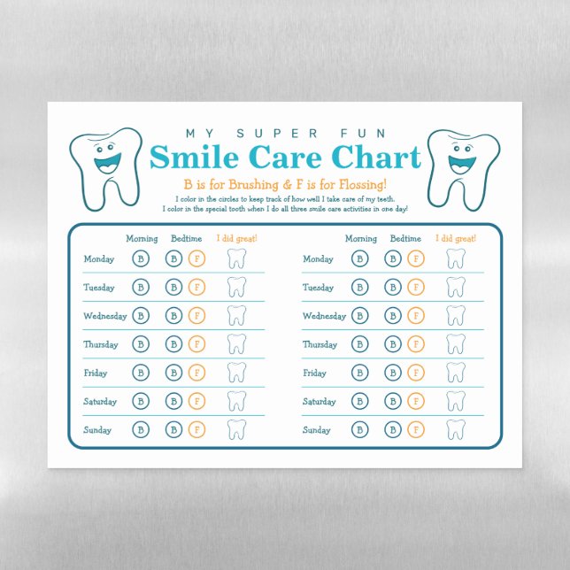 Kids Dental Smile Care Chart -  Magnetic Dry Erase Sheet (Horizontal)