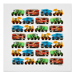 Kid's Digger Dumper Truck Firetruck Tractor Art Poster