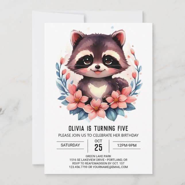 Kids' Digital Raccoon Girl Birthday Invitation (Front)