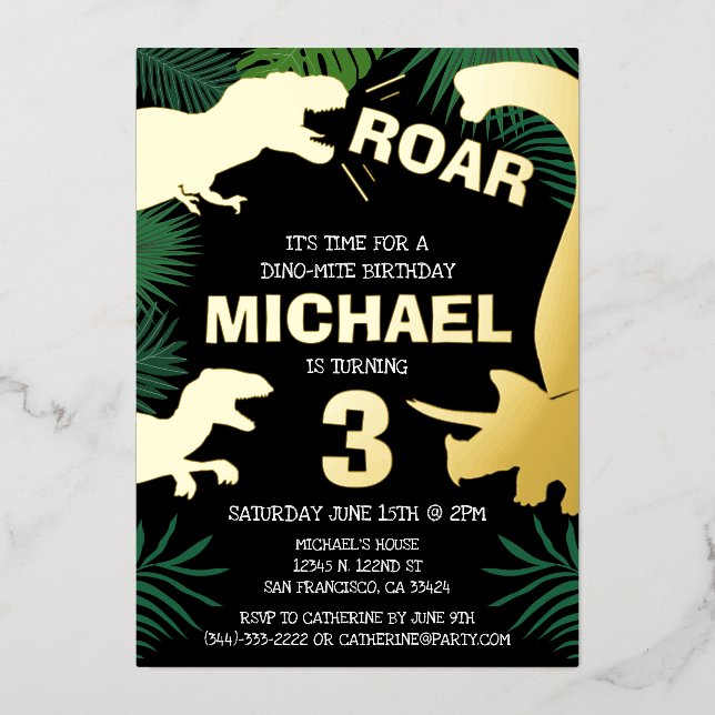 Kids Dino Gold Trex Boy Dinosaur Birthday Foil Invitation (Front)