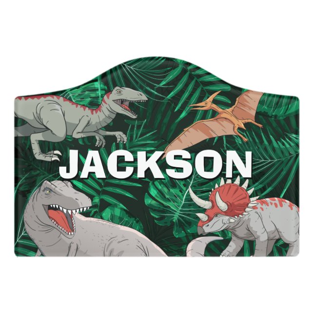 Kids Dino Jurassic Trex Boy Dinosaur Bedroom Door Sign (Small Crest Front)