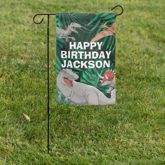 Kids Dino Jurassic Trex Boy Dinosaur Birthday Garden Flag (In SItu)