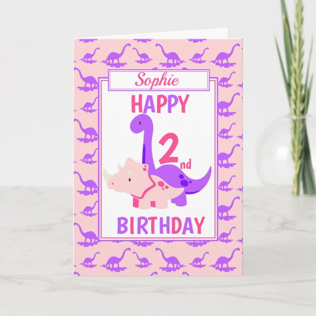 Kids Dinosaur 2nd Birthday Pink Card (Front)