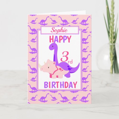 Kids Dinosaur 3rd Birthday Pink Card