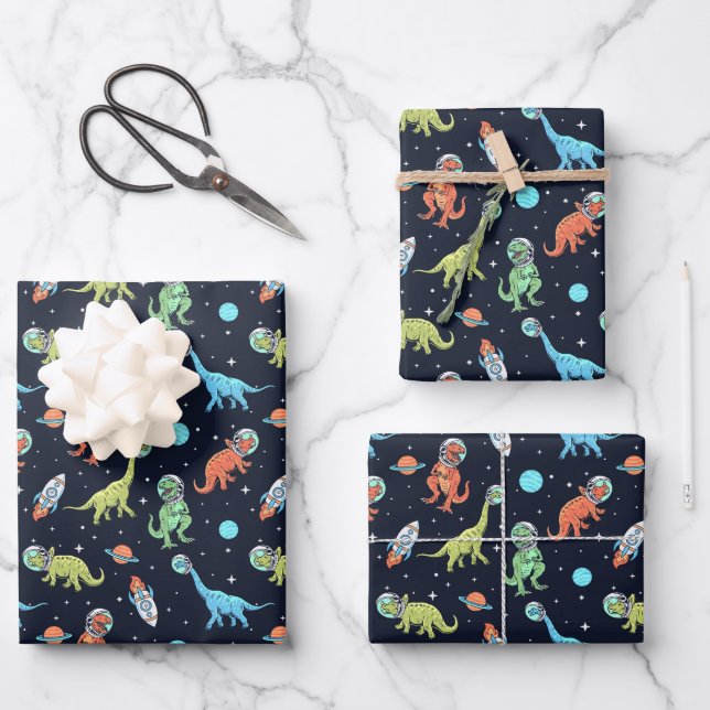 Kids Dinosaur Astronaut Pattern Wrapping Paper Sheets (Front)