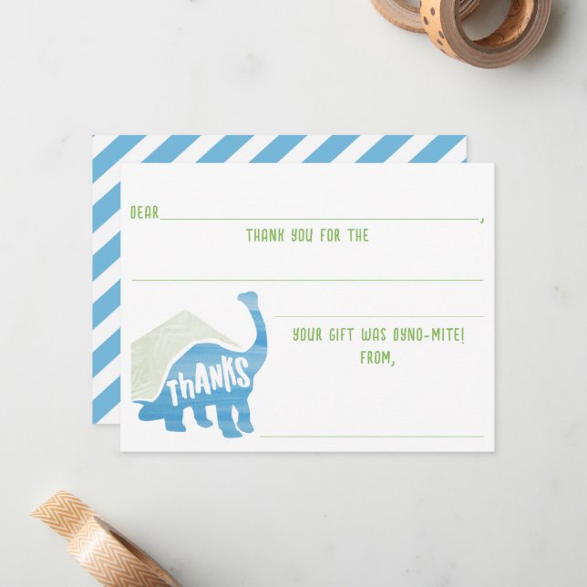 Kids Dinosaur Birthday Fill In The Blank Thank You Note Card (Front/Back In Situ)