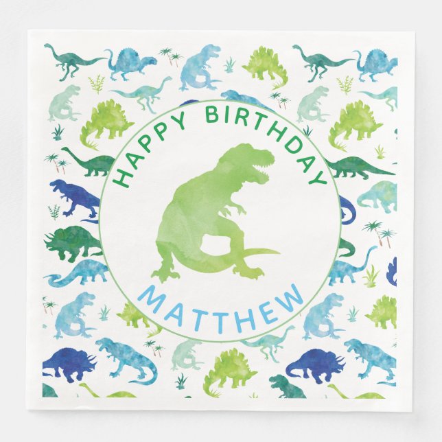 Kids Dinosaur Birthday Party Pattern Green Dino Paper Dinner Napkins (Front)