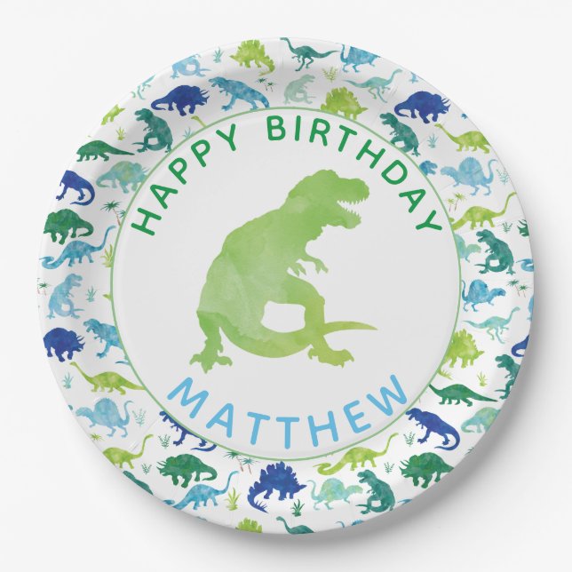 Kids Dinosaur Birthday Party Pattern Green Dino Paper Plates (Front)