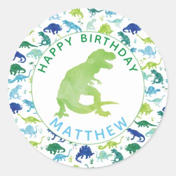 Kids Dinosaur Birthday Party Personalized Dino Classic Round Sticker by LilPartyPlanners at Zazzle