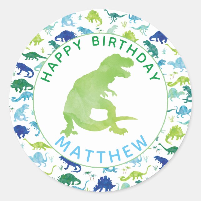 Kids Dinosaur Birthday Party Personalized Dino Classic Round Sticker (Front)