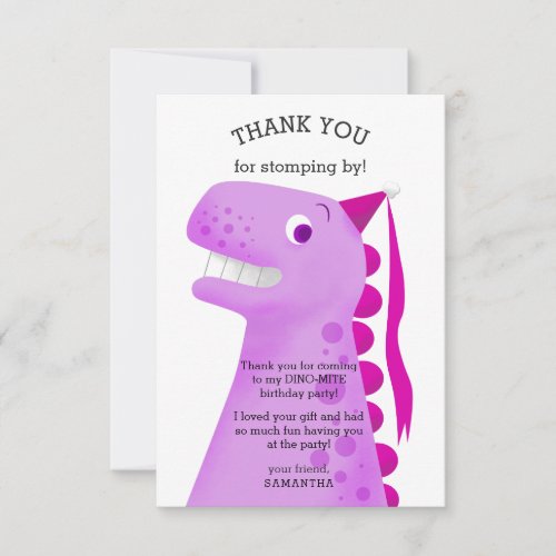 Kids Dinosaur Birthday Party Pink Thank You Card