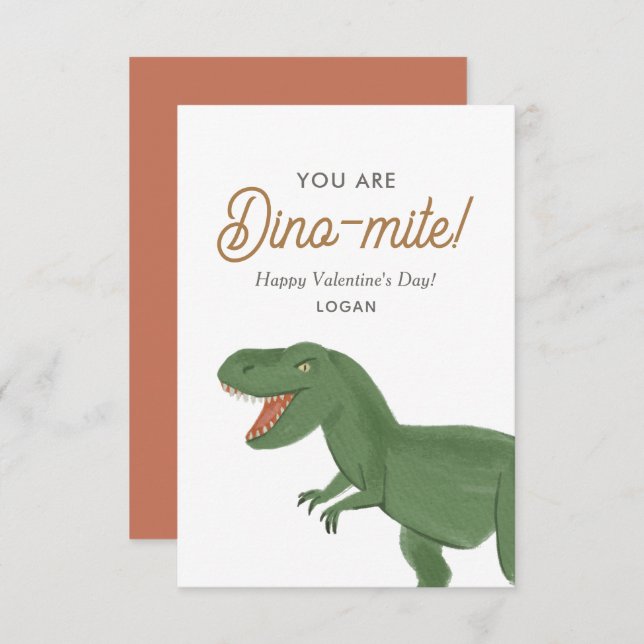 Kids Dinosaur Dinomite Classroom Valentine Day Note Card (Front/Back)