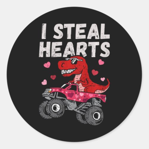 Kids Dinosaur Monster Truck T Rex I Steal Hearts V Classic Round Sticker