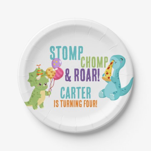 Kids Dinosaur Pizza Party Round Paper Plates