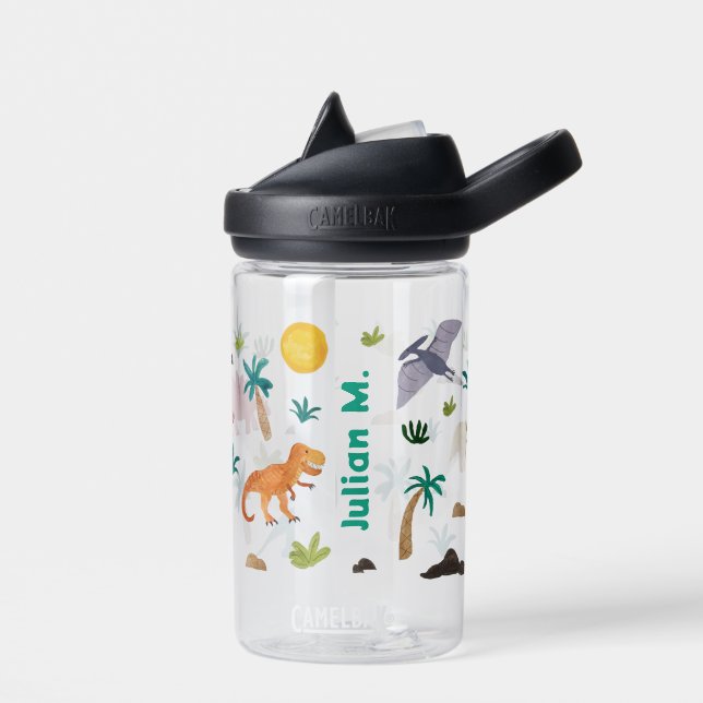 Kids Dinosaur Print and Personalized Name Water Bottle (Left)