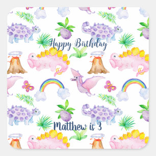 Kids' Dinosaur Rainbow Watercolor Jungle Birthday Square Sticker