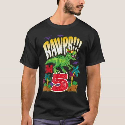 Kids Dinosaur Rawr Im 5 Years 5th Birthday Rex Bo T_Shirt