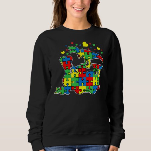 Kids Dinosaur Riding Train Puzzle Piece Autism Awa Sweatshirt