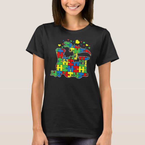 Kids Dinosaur Riding Train Puzzle Piece Autism Awa T_Shirt