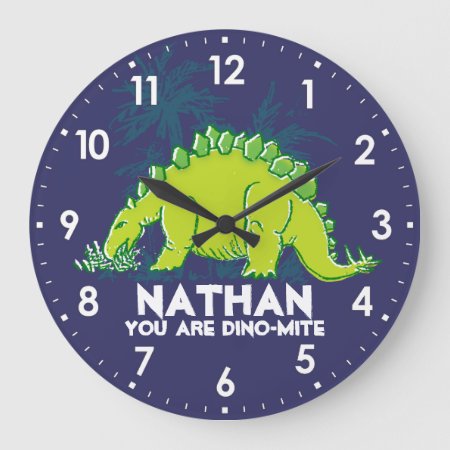 Kids Dinosaur Stegosaurus Blue Green Name Clock
