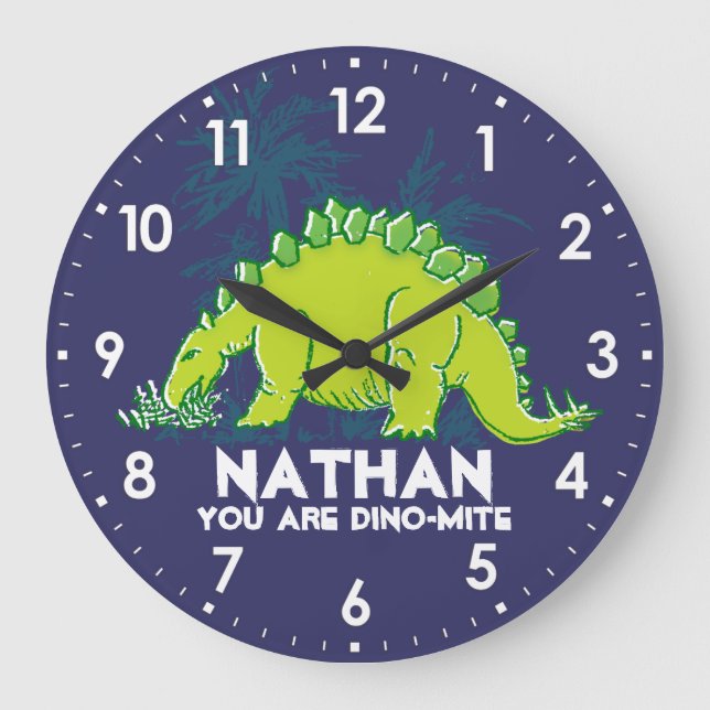 Kids dinosaur Stegosaurus blue green name clock (Front)